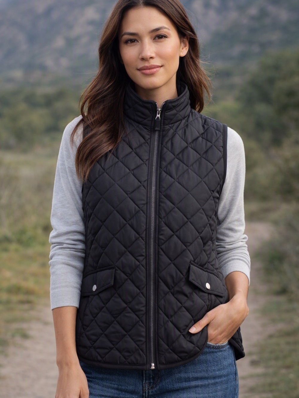 Lands' End Quilted Black Women's Stand-Collar Vest